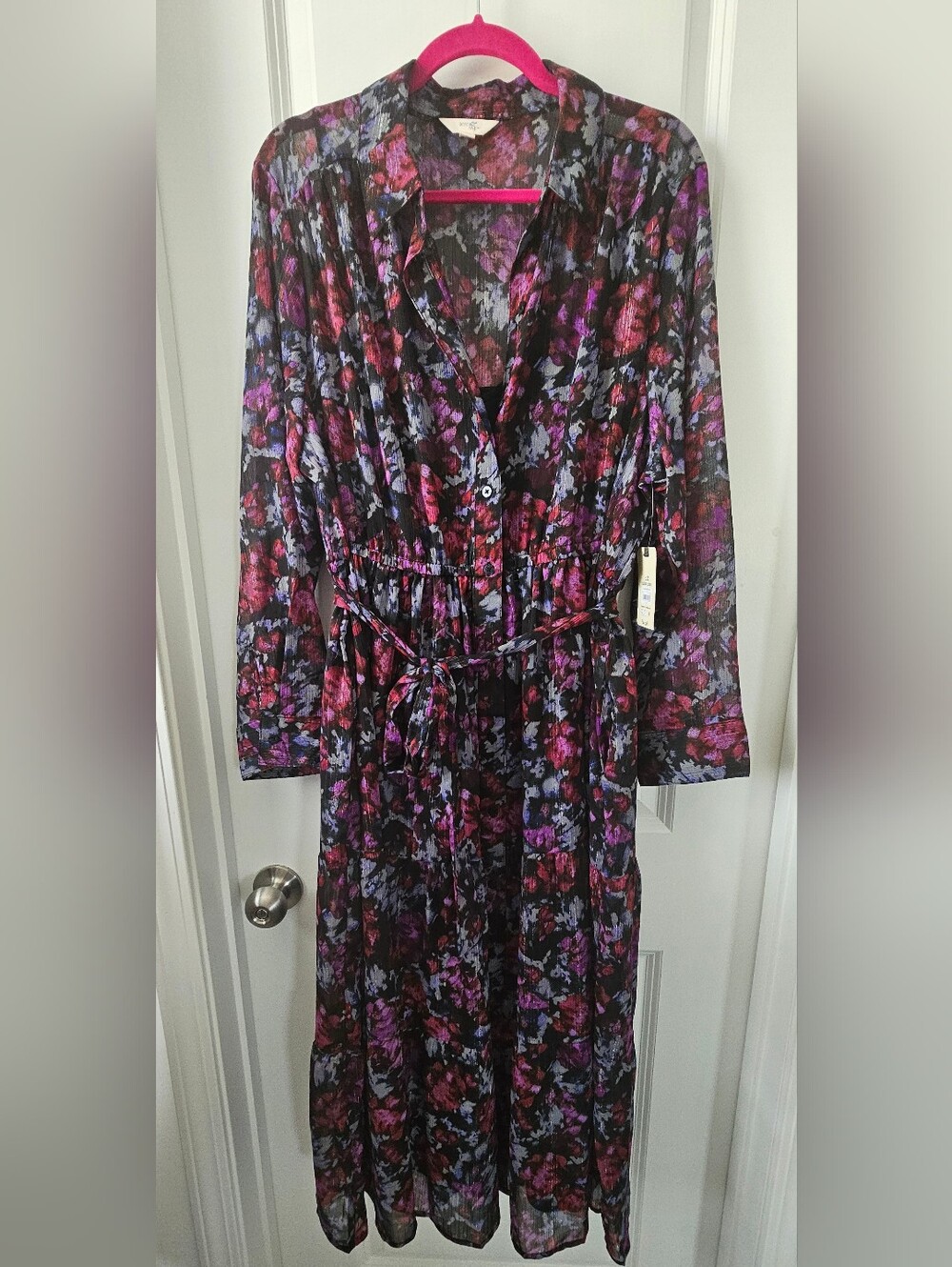 Sheer Floral Button-Front Midi Dress in Black with Pink & Purple Flowers